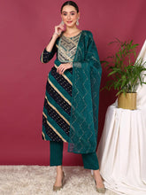 Women Navy Blue Viscose Rayon Leheriya Printed Yoke Design Straight Kurta Trouser With Dupatta